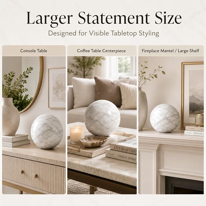 White Marble Decorative Sphere, 10cm Natural Stone Orb | 3.94 in Solid Stone Ball for Coffee Table Centerpiece, Console Table and Shelf