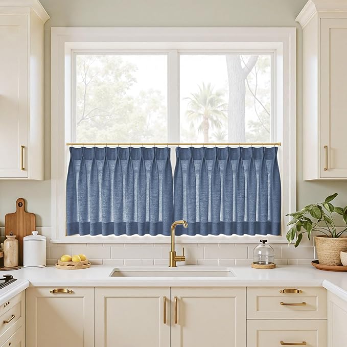 TWOPAGES 42" W x 45" L Linen Blend Cafe Curtains for Kitchen Window, Light Filtering Pinch Pleated Tier Curtains, Modern Farmhouse Half Window Curtains for Bathroom, Navy Blue, 2 Panels