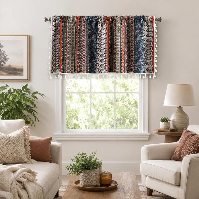 VOGOL Boho Valances for Living Room, 1 Panel Rod Pocket Geometric Printed Bohemian Valance with Stripes, Colorful Cotton Linen Short Curtain for Cafe, 59 x 18 Inches