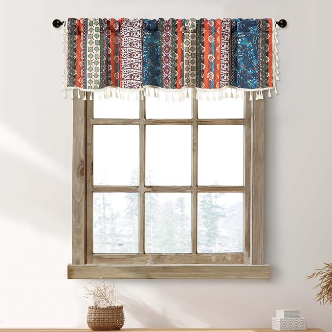 VOGOL Boho Semi Blackout Kitchen Valances, Striped Geo Pattern Decorative Window Treatments with Tassel, 1 Panel Rod Pocket Valance for Bathroom, 52 x 12 Inches