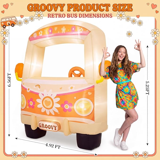 Soulchen 6FT Inflatable Hippie Bus with LED Lights and Powerful Blower Retro 60s 70s Boho Groovy Party Decoration Photo Booth Selfie Frame for Birthday Baby Shower Carnival