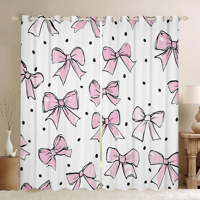 Erosebridal Kids Bow Window Treatments Pink Kawaii Bow 38" Wx54 L Window Curtain for Girls Teen Women Room Decor,Watercolor Bowknot Curtain Black Wave Point Curtains & Drapes