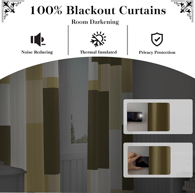 Tyrot Beige 100% Blackout Curtains for Bedroom 63 inch Long 2 Panels Set White Beige Modern Abstract Geometric Black Out Curtains Insulated Room Darkening Window Drapes for Living Room, 52Wx63L