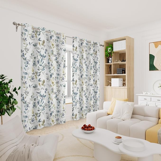 Renaiss Botanical Herbs Blackout Curtains, Vintage Eucalyptus Leaf Thermal Insulated Bedroom Window Curtains, Classical Gray Plants Window Curtains for Kitchen, 55" L x 29" W 2 Panel Set