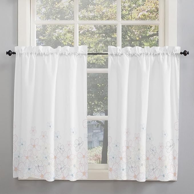 Kitchen Tier Curtains 45 inches Length, Line Cherry Blossom Design Simple Flower Window Curtains for Living Room Bath Cafe,Rod Pocket Light Filtering Drapes Short Half Window Treatment Tiers 2 Panels