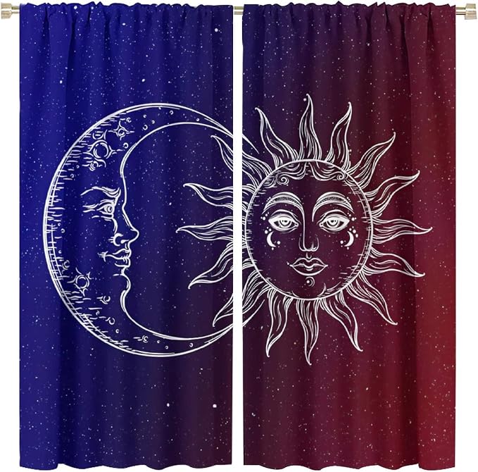 Sun Moon Blackout Windows Curtains, Burning Sun Moon Red Blue Cosmic Galaxy Bohemian Curtains, for Living Room Bedroom 63x63in 2 Panels