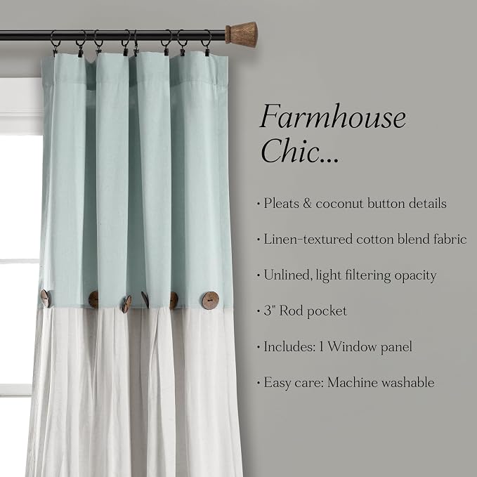 Lush Decor Linen Button Window Curtain Panel, Single, 40" W x 63" L, Blue & Off White - Country Curtains - Rustic Decor - Color Block Modern Farmhouse Curtains For Living Room, Bedroom & Dining Room