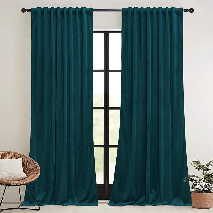 RYB HOME Teal Blue Velvet Curtains for Bedroom Living Room, Thermal Insulated Privacy UV Heat Blocking Luxurious Drapes for Nursery Dining Room, 52"W x 108"L, 2 Panels, Rod Pocket/Back Tab/Hook Belt