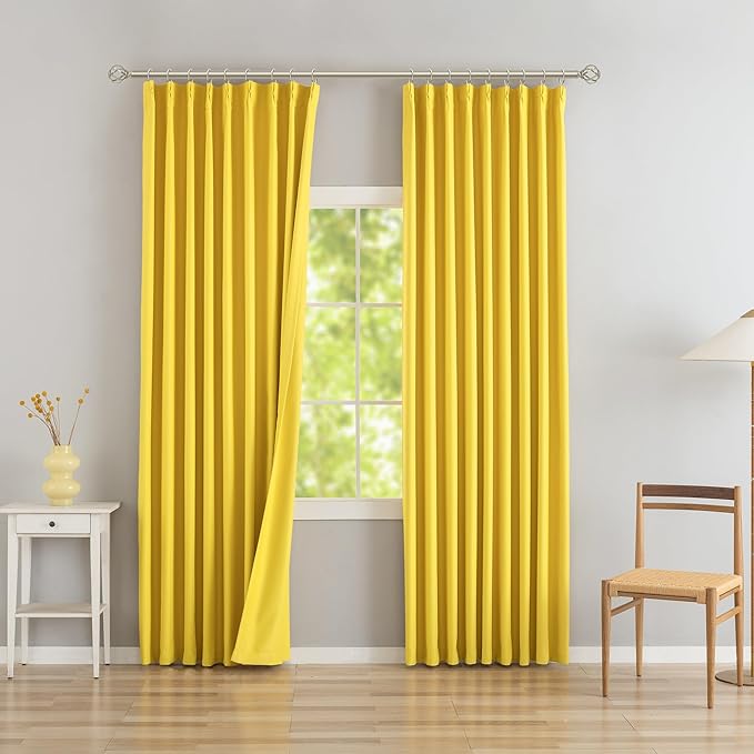 DONREN Yellow Pinch Pleated Blackout Curtains with Hooks - 94 inch Length Room Darkening Thermal Insulated Window Curtain Panels for Living Room Bedroom 2 Panel 40" Wx94 L