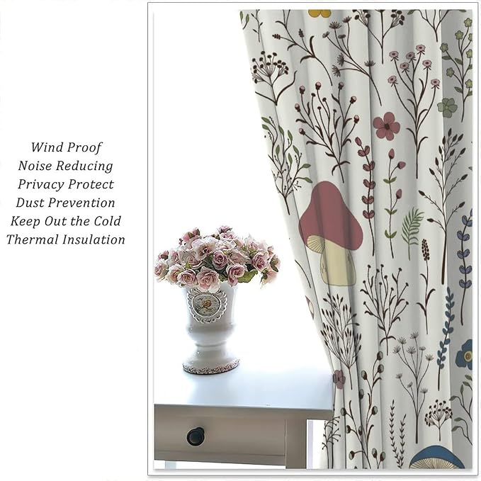 Mushroom Curtains,Colorful Plant Forest Botanical Print Window Treatments for Bedroom Living Room Kitchen Cartoon Herbs Floral Window Drapes 2 Panels Set,Total Size 42 x 54 Inch