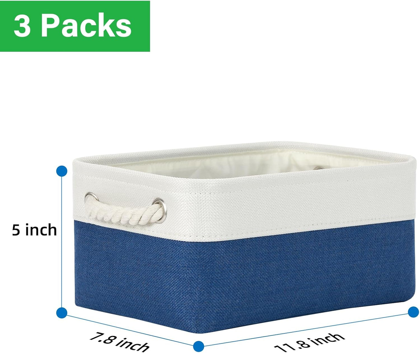 Bidtakay Small Storage Baskets for Shelves 3 Pack Fabric Storage Bins for Organizing Linen Collapsible Organizer for Closet-White&Blue