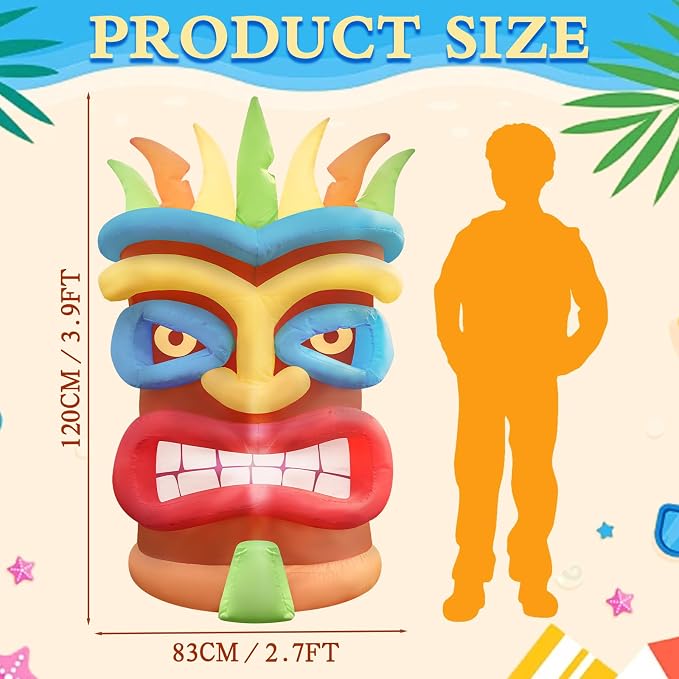 3.9Ft Tiki Inflatable Luau Decoration, Outdoor Hawaiian Blow up Decor with LED Lights, Pool Party Summer Decor Tiki Bar Statue Ornaments for Tropical Party Lawn Luau Aloha Bar Beach