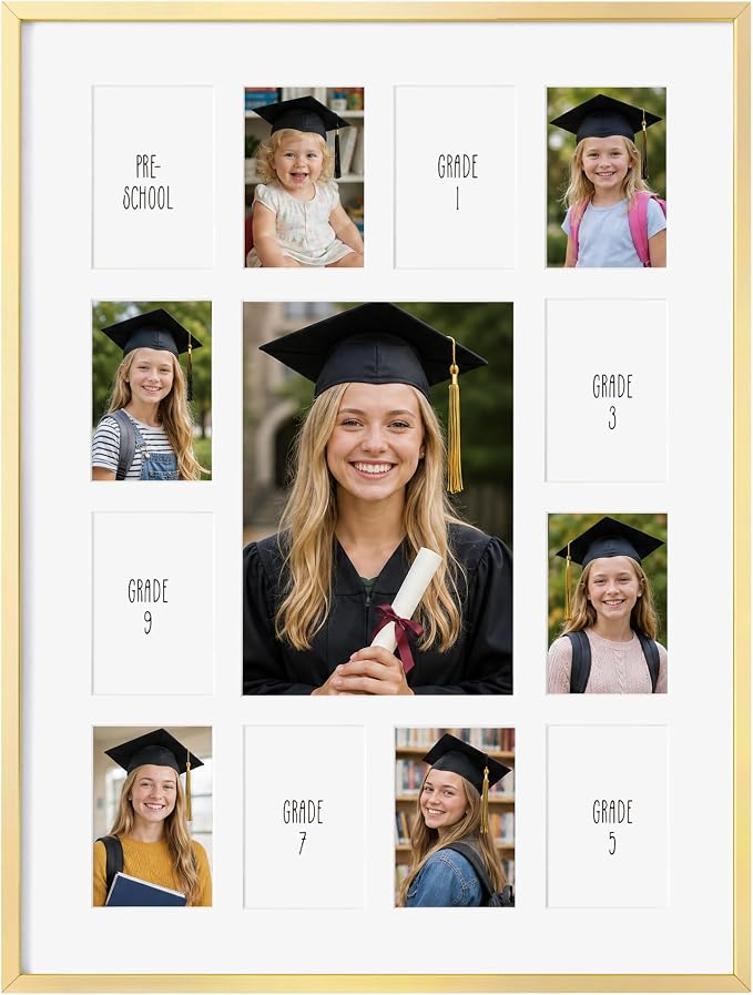 12x16 School Picture Frame K-12, Collage Frame for School Years, Gold | Elegant Gold K-12 Frame with 13 Openings: One 5x7 & Twelve 2.5x3.5 for Pre-K to 12th Grade | Wall Kit Included