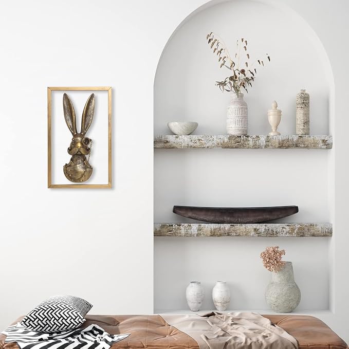 Newinhome Animal Heads Wall Decor (Includes Metal Frame) Bunny Resin Animals Sculptures Old Money Bunny Wall Hanging Decoration Gold vintage Wall Sculpture for Living Room Bedroom Office(Rabbit)