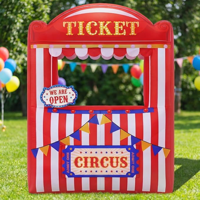 Soulchen 6 x 5 ft Inflatable Circus Ticket Booth Decor with Built in LEDs Lighted and Air Blower, Carnival Party Decoration Blow up Giant Events Birthday Photo Props