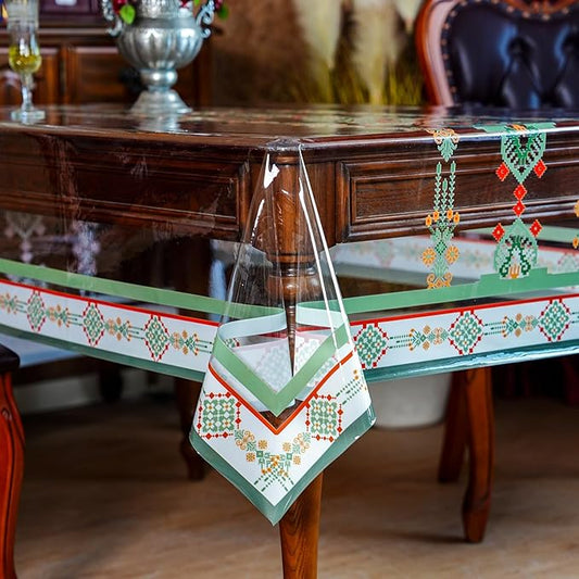 SUTAVIA Clear Vinyl Table Protector Rectangle PVC Tablecloth with Printing Floral Oilproof Table Cloths for Home Decor Holiday Party Dining Table Outdoor (Green, Rectangle, 52x70 inches)
