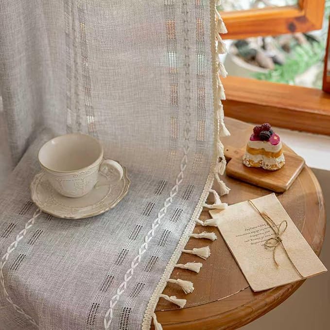 Light Gray Boho Sheer Curtains 72 inches Long 2 Panels for Bedroom, Light filtering Semi Sheer Bohemian French Country Privacy Tassels Vintage Chic Embroidery Stripes Window Curtains Back Tab, 50" W