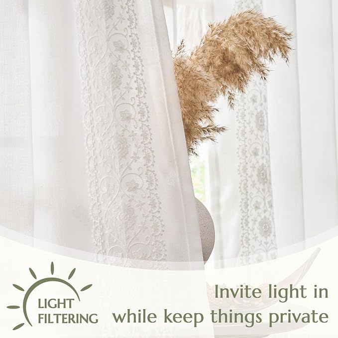jinchan Weslie White Linen Curtains for Bedroom Vintage Floral Farmhouse Curtains 84 Inches Long Linen Drapes for Living Room Embroidered Light Filtering Drapes Cottagecore Off White 2 Panels