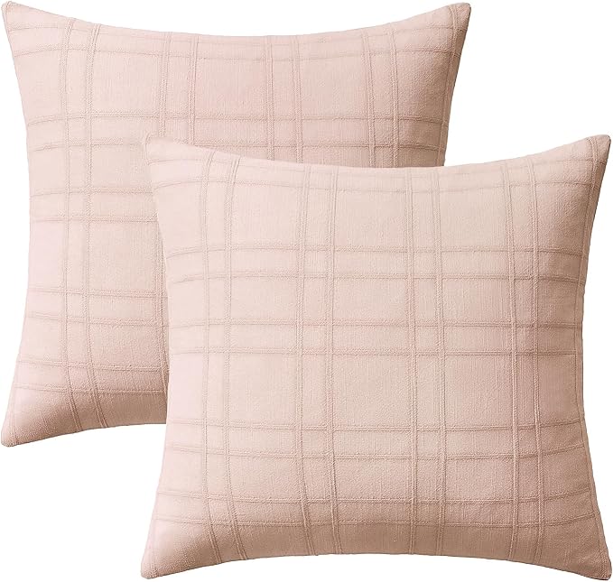 MIULEE Decorative Linen Check Euro Shams Throw Pillow Covers Neutral Farmhouse Vintage Spring Valentine Pillow Covers 24x24 Set of 2 Boho Modern Home Decor for Sofa Couch Bedroom Cushion Light Pink