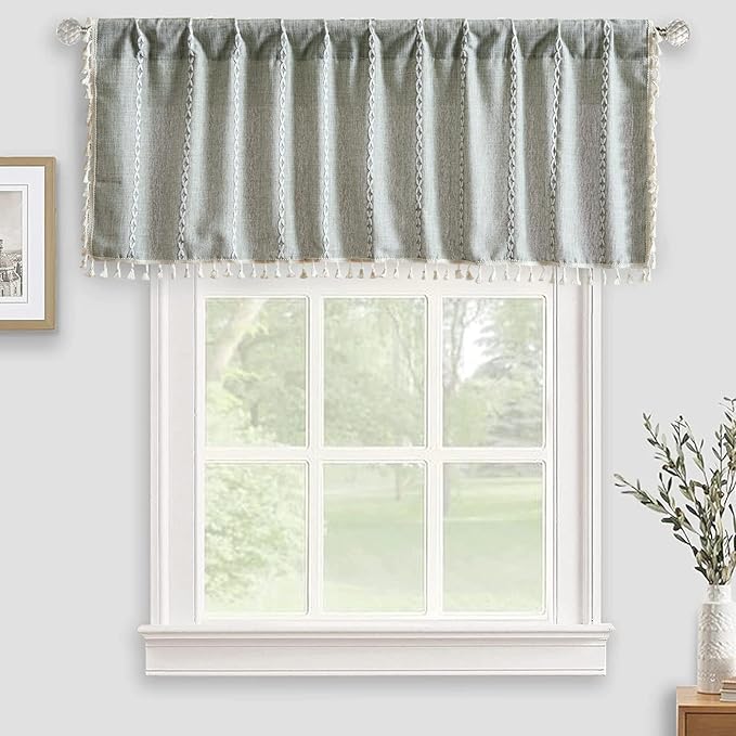 RoomTalks Sage Green Boho Kitchen Valances for Windows Rod Pocket 18’’L x 52’’W Spring Summer French Striped Modern Farmhouse Chic Tassel Curtain Valances for Bathroom Living Room