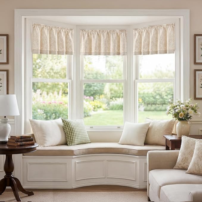 jinchan Linen Valance Curtain Farmhouse Floral Printed Small Window Curtain for Kitchen Rustic Light Filtering Valance for Living Room Bedroom Bathroom 16 Inch Rod Pocket 1 Panel Taupe on Beige