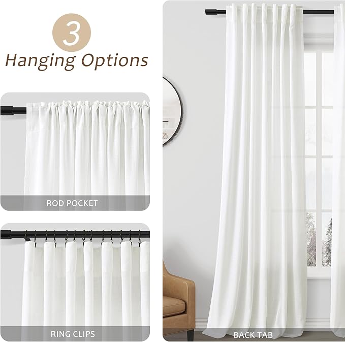 Aersas Ivory Linen Curtains 96 Inch Long for Living Room 2 Panel Back Tab Light Filtering Semi Sheer Drapes Country Rustic Farmhouse Boho Curtain 52x96
