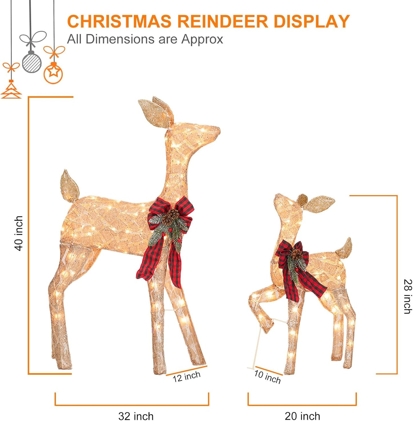 2 Pcs Reindeer Christmas Decoration, Xmas Lighted Golden Shimmering Doe and Fawn Display Set with 105 Warm White Lights for Yard Lawn Indoor Outdoor