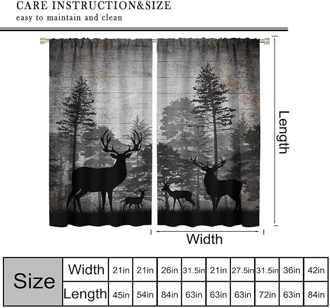 Retro Animal Blackout Curtains Vintage Grey Old Forest Deer Hunting Lodge Windows Treatments Rod Pocket for Kitchen Living Room Bedroom 84x84in