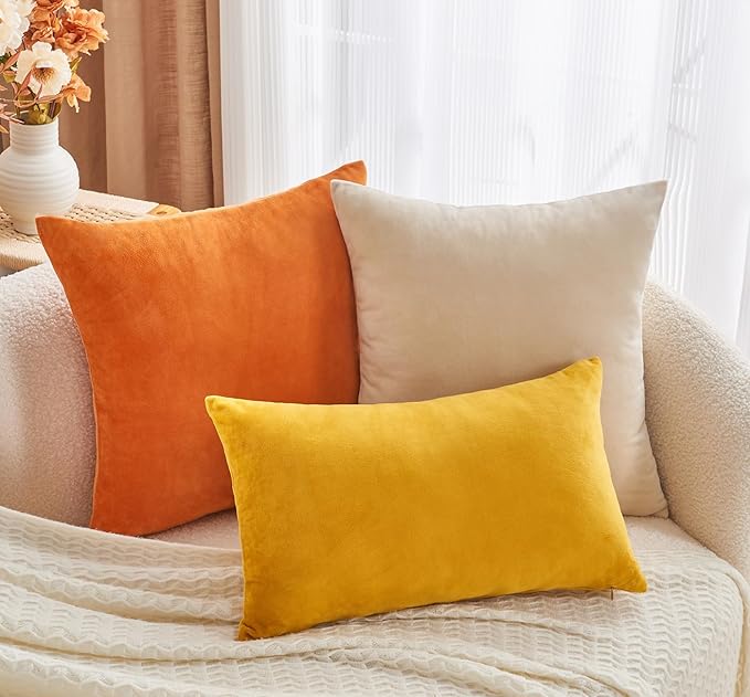 Throw Pillow Covers Mustard Yellow Set of 2 22x22 Inch Fall Pillow Covers, Soft Velvet Farmhouse Neutral Decorative Pillowcases for Couch Sofa Bed, Home Boho Decor, Modern Cushion Covers