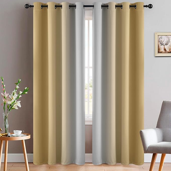 Yakamok Ombre Curtains Beige and Greyish White for Living Room,52Wx84L | Room Darkening Curtains 84,Thermal Insulated Gradient Color Drape,Light Blocking Grommet Window Curtains for Bedroom,2 Panels