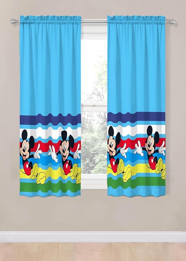 Sunny Side Up Window Curtains for Kids Bedroom 4-Piece Drape Set with 2 Tiebacks, Blue - Mickey Mouse, 42" W x 63" L (Pack of 2)