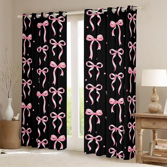 Feelyou Girls Bow Curtains for Bedroom Living Room Black Pink Bowknot Blackout Shades Kawaii Cute Princess Style Room Darkening Curtain Coquette Aesthetic Window Treatments, 2 Panels 52 x 96 Inch