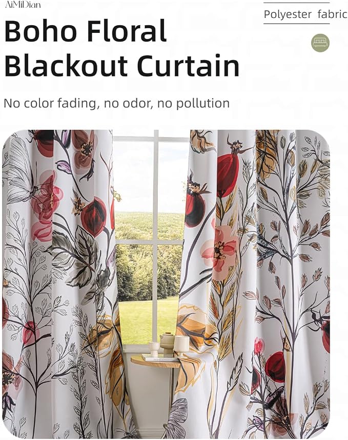 Boho Floral Blackout Curtains 84 inch long 2 Panels Set Rustic Vintage Flowers Plant Red Fruit and Butterfly Patterned Curtains Thermal Insulated Darkening Window Drapes for Bedroom Living Room 42x84