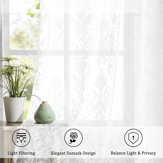 Treatmentex Lace Sheer Curtains Vintage Damask Knitted European Floral Damask White Sheer Curtains for Living Room Victorian Bedroom Kitchen 54" W by 95" L 2 Panels Rod Pocket