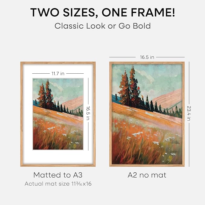 Homeforia A2 Picture Frame Natural Wood, High End Oak 16.5 x 23.4 Wooden Poster Frames Matted to 11.7 by 16.5 Photo, A2 Size Light Wood Frames with Mat A3 for Print, Tempered Glass, Wall Kit, Set of 4