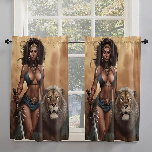 Kitchen Tier Curtains 54 inches long, Valkyrie on the Prairie Llion and Warrior Woman Window Curtains for Living Room Bathroom,Rod Pocket Light Filter Drapes Short Half Window Treatment Tiers 2 Panels