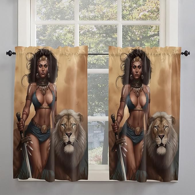Kitchen Tier Curtains 45 inches Length, Valkyrie on The Prairie Llion and Warrior Woman Window Curtains for Living Room Bathroom,Rod Pocket Light Filter Drapes Half Window Treatment Tiers 2 Panels