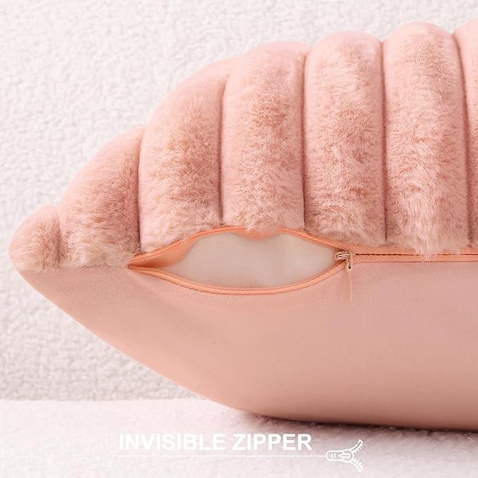 Pallene Faux Fur Plush Throw Pillow Covers 18x18 Set of 2, Luxury Soft Fluffy Striped Decorative Pillow Covers for Sofa, Couch, Living Room, Pink