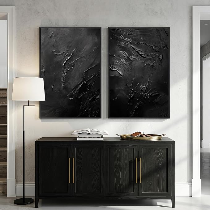 Large Framed Black Abstract Wall Art Set of 2 for Living Room, Modern Minimalist Painting Print Canvas Artwork for Walls, Contemporary Luxury Trendy Wall Decor for Bedroom Office Hallway, 24x36 Inch