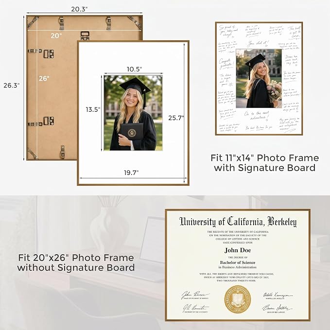 Signature Picture Frame 20x26, Aluminum Signable Frame with Glass, Bronze | Warm Bronze Signable Frame with 11x14 for Wedding, Graduation, Birthday & Baby Shower Guest Book| Real Glass & Wall Kit