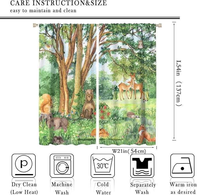 YCness Forest Animal Curtains, Watercolor Wild Animal Bear Fox Deer Kids Window Treatments for Living Room Bedroom,Green Woodland Tree Kids Drapes 2 Panel Sets,42x54 Inch