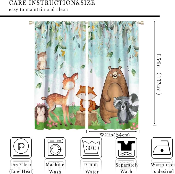 YCness Kid Forest Woodland Animal Fox Elk Bear Watercolor Print Curtains for Nursery Bedroom Living Room, Rustic Safari Wild Animal Blackout Window Drapes 2 Panel Set, 42x54 Inch