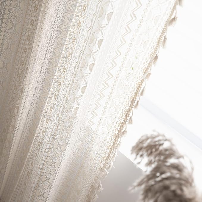 Sutuo Home Boho Lace Curtains for Kitchen Bedroom,Bohemian Crochet Sheer Cotton Tassels Knitted Window Treatment Geometry Country Vintage Rustic Drape Rod Pocket 1 Panel 59" W x 72" L, Beige Wave