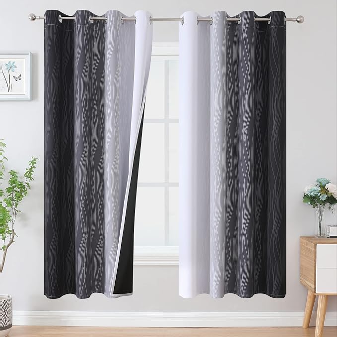 Estelar Textiler Full Room Darkening Blackout Curtains 72 Inch Length 2 Panels Set, Ombre Greyish White and Black Thermal Insulated Full Light Blocking Grommet Blackout Drapes for Bedroom, 52Wx72L