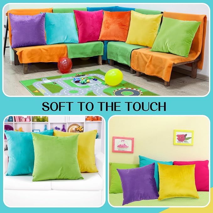 Berlune 6 Pcs Bright Velvet Throw Pillow Covers 18" x 18" Rainbow Decorative Cushion Case Soft Colorful Pillowcase for Graduation Coquette Party Accessories Couch Sofa Bed Chair Home Decor, No Inserts