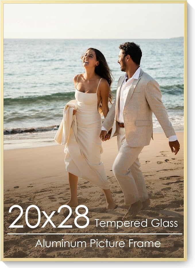 20x28 Metal Picture Frame, Aluminum Poster Frame with Real Glass, Gold | Elegant Gold 28x20 Frame with Tempered Glass for Wall Display, Posters, Art & Photos | Wall Kit Included
