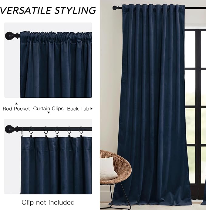 RYB HOME Navy Blue Velvet Curtains for Bedroom Living Room, Thermal Insulated Privacy UV Heat Blocking Luxurious Drapes for Nursery Dining Room, 52"W x 108"L, 2 Panels, Rod Pocket/Back Tab/Hook Belt