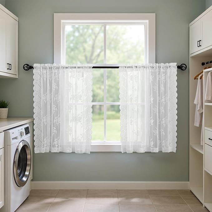 Kotile White Lace Kitchen Curtains 30 Inch Length 2 Panels Rustic Floral Retro Short Lace Curtains for Small Bathroom Windows Doors Decor, Rod Pocket Privacy Sheer Café Curtain, 42 x 30 Inch