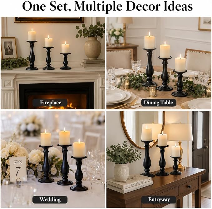 Matte Black Pillar Candle Holders Set of 3-10", 8", 6”H Candlestick Candle Holders Stand, Home Coffee Table Decor Decorations Centerpiece for Dining/Living Room
