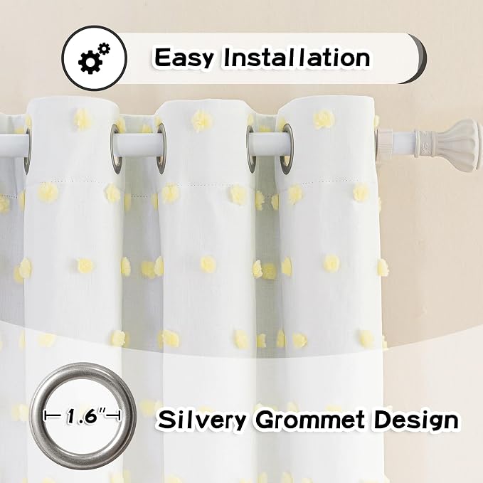 MYSKY HOME 100% Blackout Curtains for Nursery Thermal Insulated Yellow Pom Pom Curtains 63 Inch Length for Girls Bedroom 2 Panels Grommet White Sheer Curtains for Dining Room, 52W x 63L